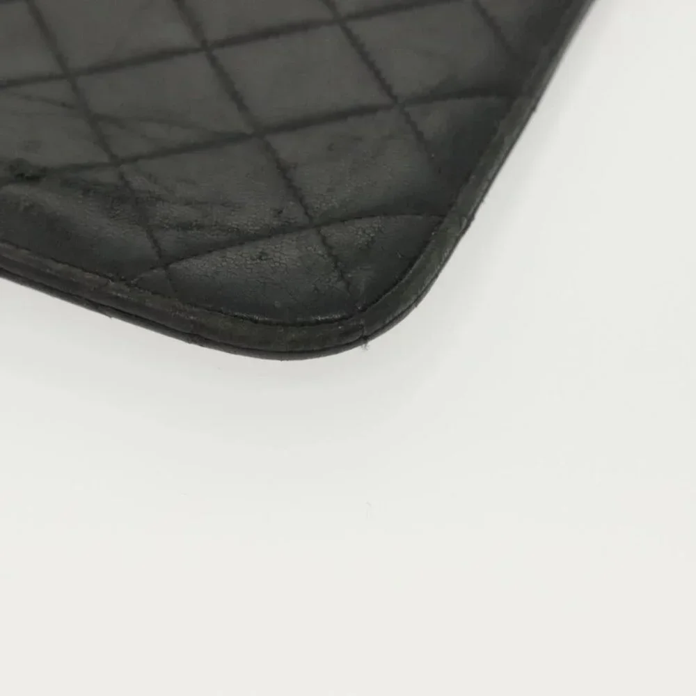 CHANEL Matelasse iPad Case Lamb Skin Black Silver CC Auth 141696